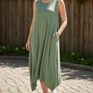 Cuddle Duds L Sleeveless Flex Comfort TankDress Green Keyhole Back Sharkbite Hem